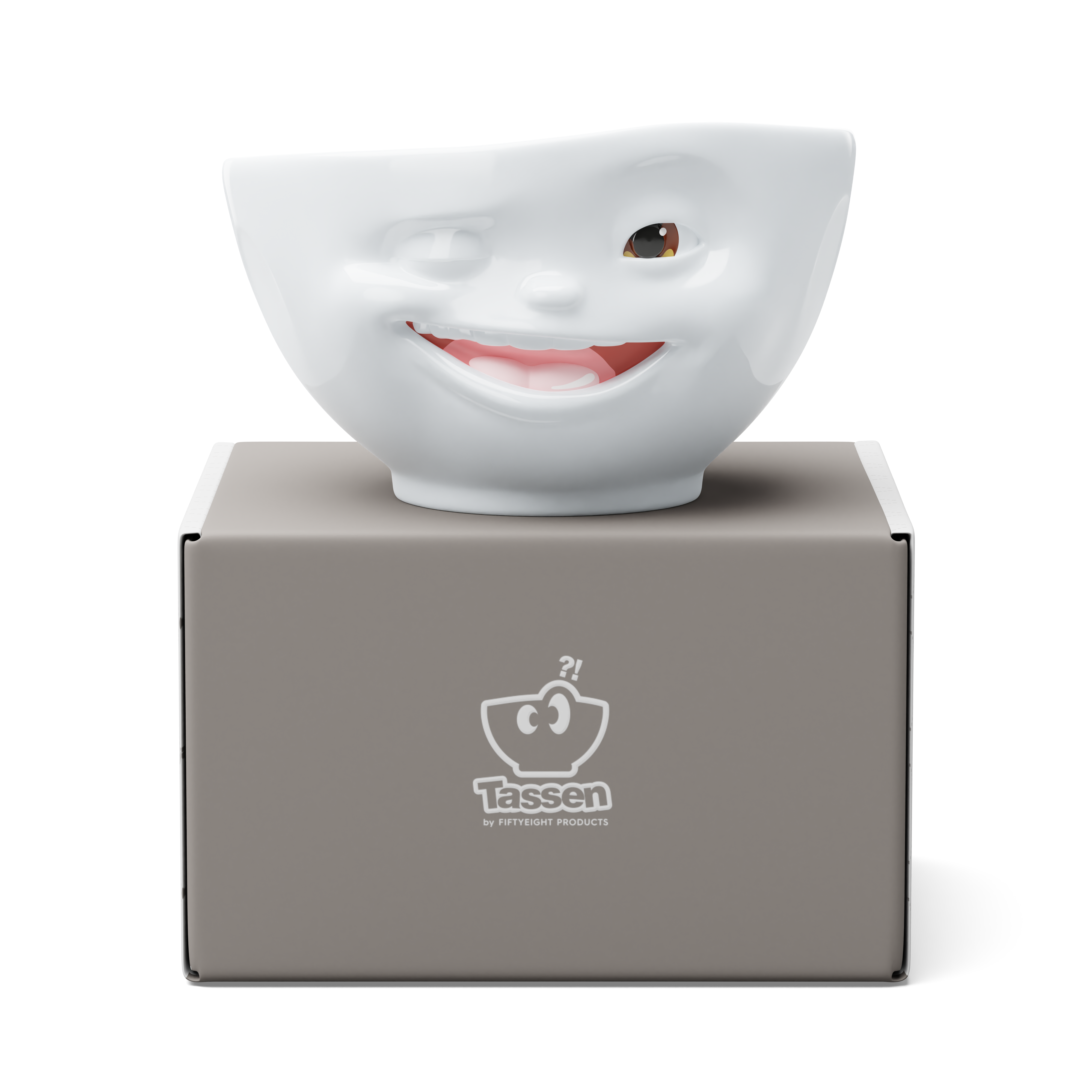 Premium porcelain bowl with colorful accents from TASSEN product family of fun dishware by FIFTYEIGHT Products. Offers 16 oz capacity perfect for serving cereal, soup, snacks and much more. Dishwasher and microwave safe bowl featuring a ‘Winking’ facial expression and colorful details. Shipped in gift box.
