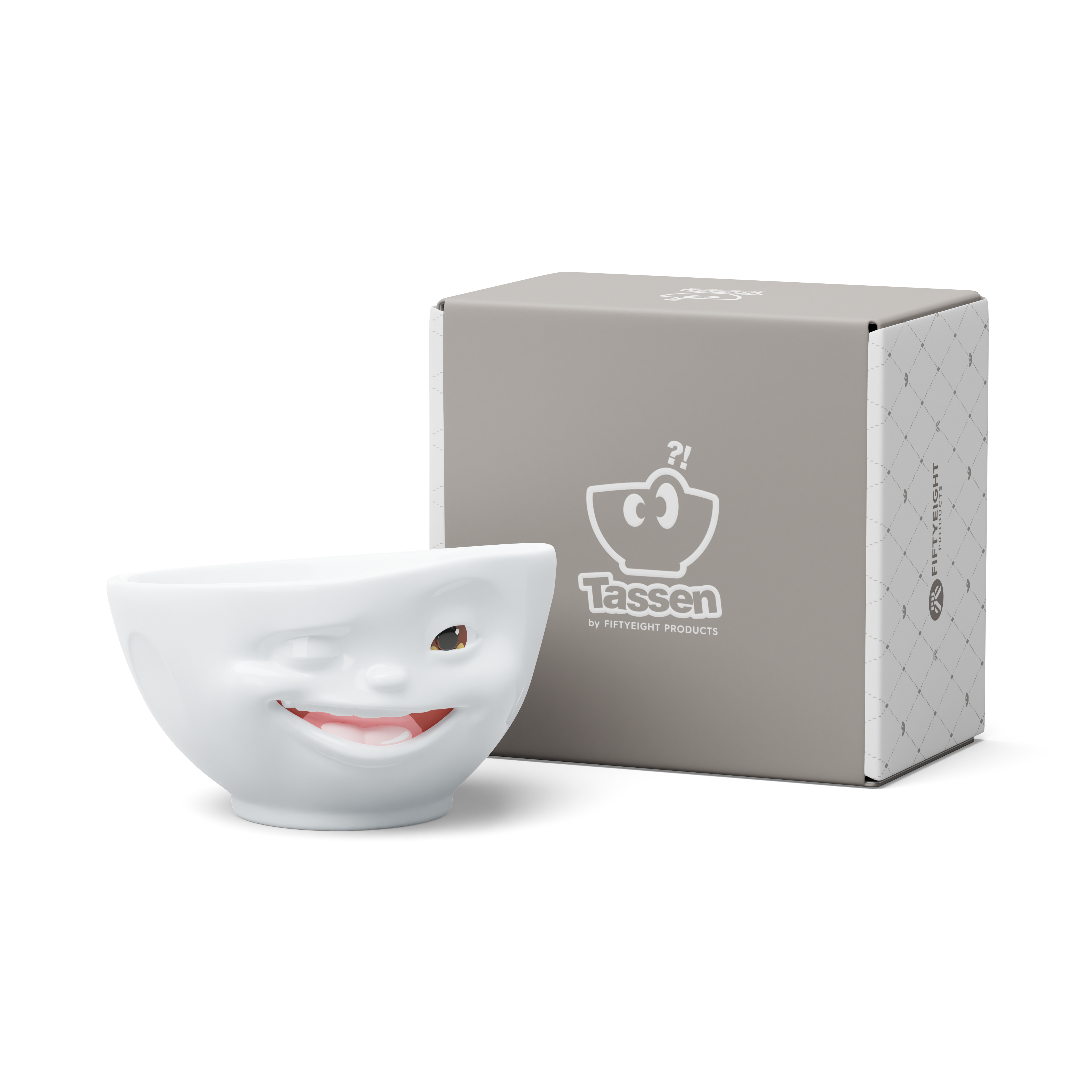 Premium porcelain bowl with colorful accents from TASSEN product family of fun dishware by FIFTYEIGHT Products. Offers 16 oz capacity perfect for serving cereal, soup, snacks and much more. Dishwasher and microwave safe bowl featuring a ‘Winking’ facial expression and colorful details. Shipped in gift box.