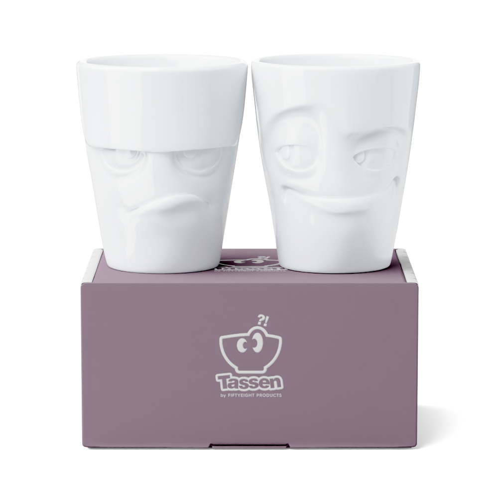 Set of two coffee mugs without handles in white from the porcelain product family of fun dishware by FIFTYEIGHT Products. Each offering 11 oz capacity. Dishwasher and microwave safe coffee cups with 'Grumpy' and 'Impish' facial expression. Shipped in exclusively designed gift box.