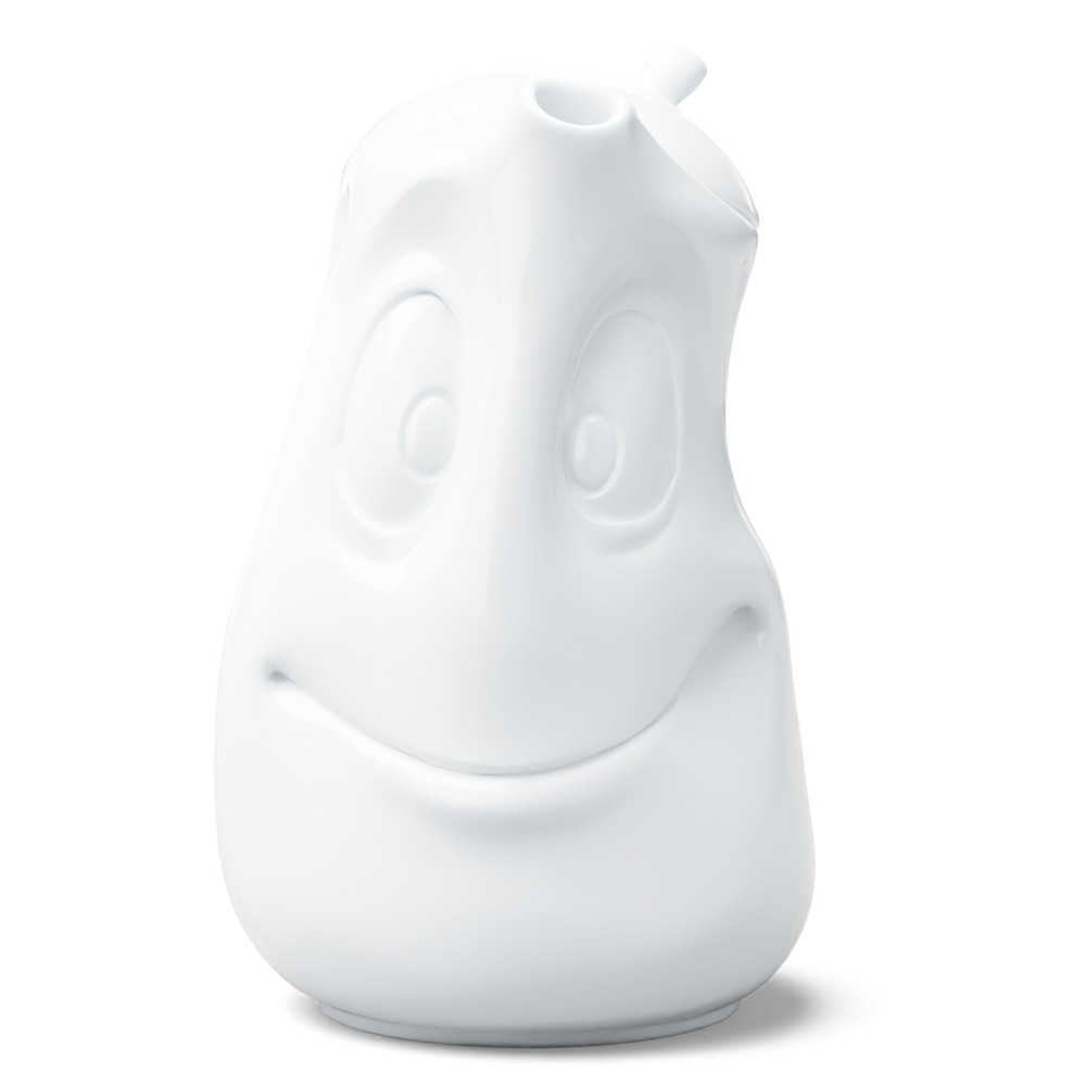 Porcelain tea pot in white featuring a 'good mood' facial expression and a generous 40 oz. capacity. Perfect for serving tea, coffee, punch, mulled wine and more. Detailed facial expression tea pot from the porcelain product family of fun dishware by FIFTYEIGHT Products. Shipped in exclusively designed gift box.