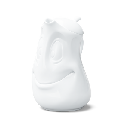 Porcelain tea pot in white featuring a 'good mood' facial expression and a generous 40 oz. capacity. Perfect for serving tea, coffee, punch, mulled wine and more. Detailed facial expression tea pot from the porcelain product family of fun dishware by FIFTYEIGHT Products. Shipped in exclusively designed gift box.