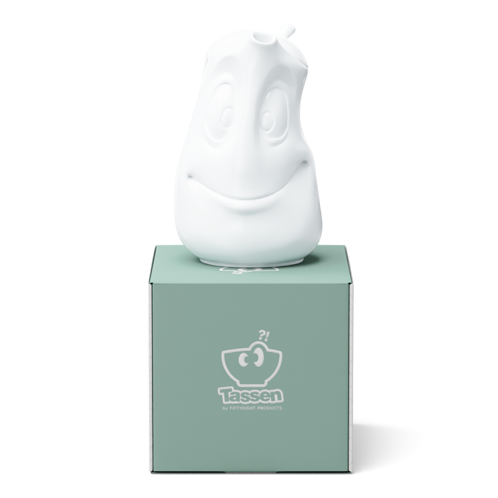 Porcelain tea pot in white featuring a 'good mood' facial expression and a generous 40 oz. capacity. Perfect for serving tea, coffee, punch, mulled wine and more. Detailed facial expression tea pot from the porcelain product family of fun dishware by FIFTYEIGHT Products. Shipped in exclusively designed gift box.