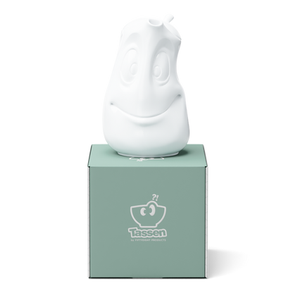 Porcelain tea pot in white featuring a 'good mood' facial expression and a generous 40 oz. capacity. Perfect for serving tea, coffee, punch, mulled wine and more. Detailed facial expression tea pot from the porcelain product family of fun dishware by FIFTYEIGHT Products. Shipped in exclusively designed gift box.
