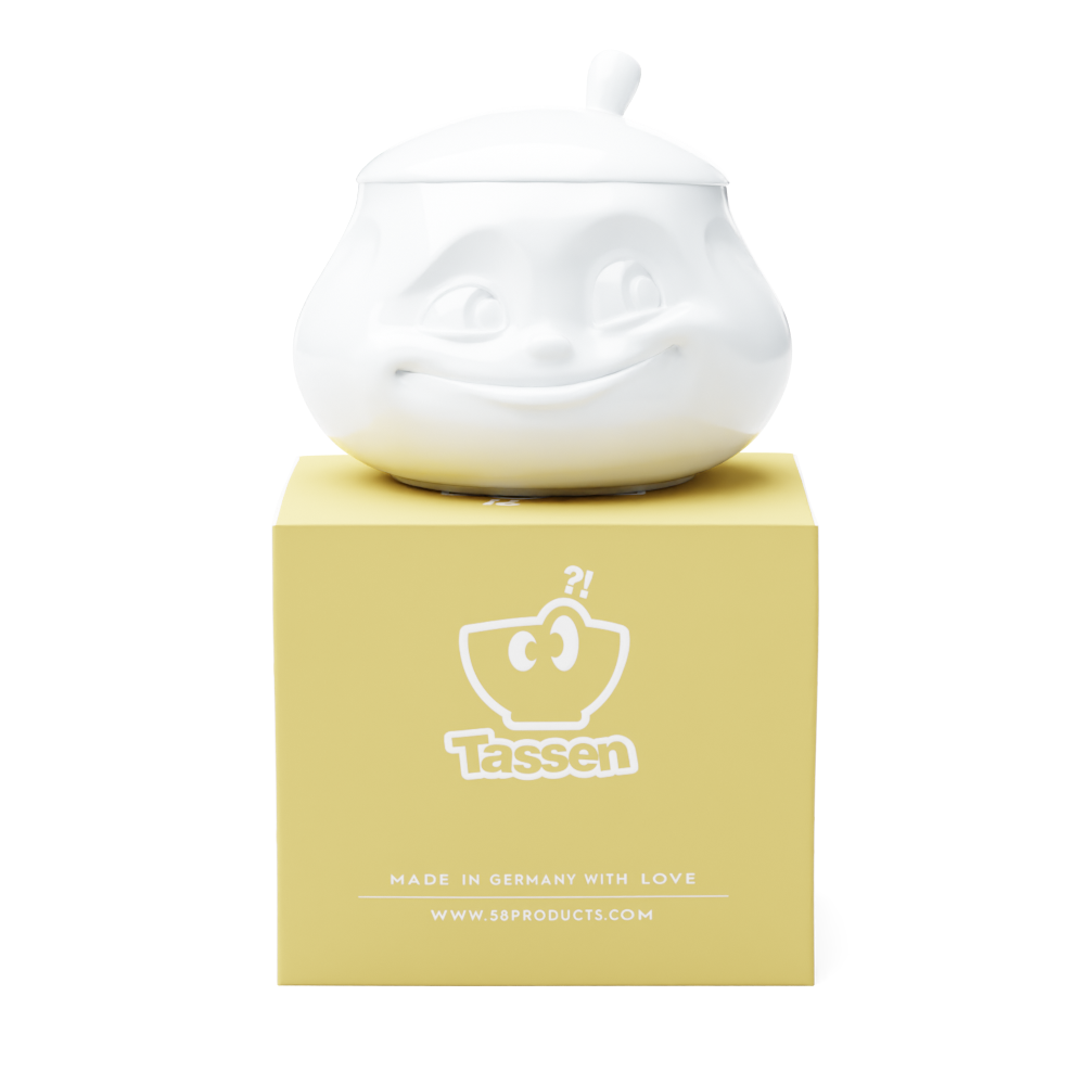 Premium porcelain sugar bowl with "sweet" facial expression and 13.5 oz capacity. Serves sugar, salsa, marmalade, jam, honey, mustard, ketchup, parmesan cheese. Spoon not included. From the porcelain product family of fun dishware by FIFTYEIGHT Products. Shipped in exclusively designed gift box.