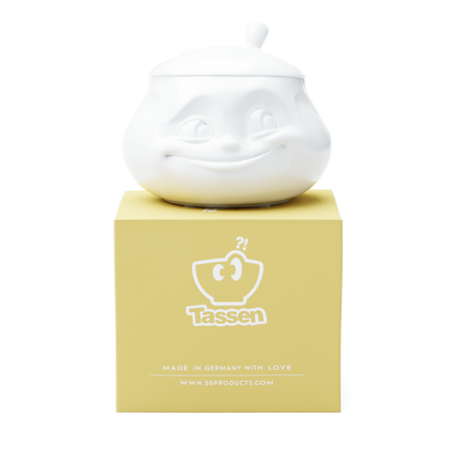 Premium porcelain sugar bowl with "sweet" facial expression and 13.5 oz capacity. Serves sugar, salsa, marmalade, jam, honey, mustard, ketchup, parmesan cheese. Spoon not included. From the porcelain product family of fun dishware by FIFTYEIGHT Products. Shipped in exclusively designed gift box.