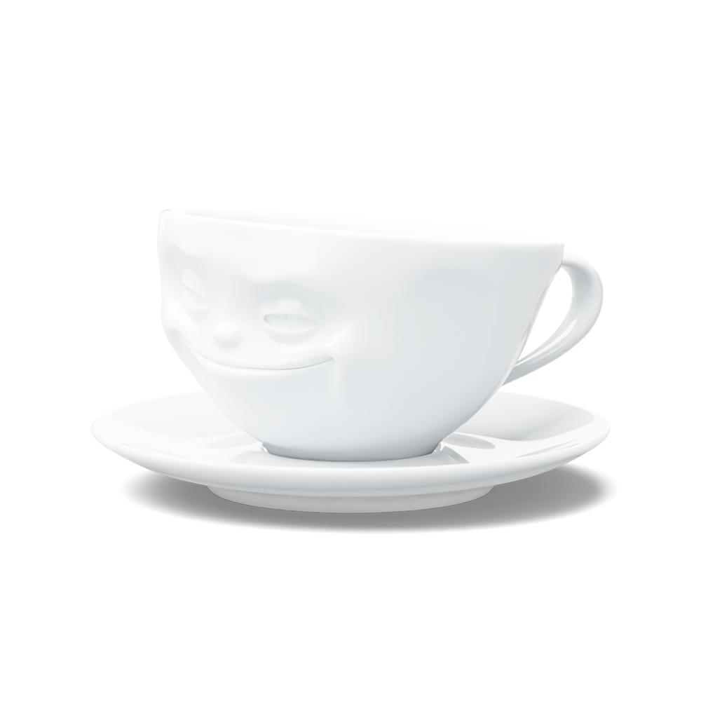 Premium porcelain coffee cup with saucer in white from the porcelain product family of fun dishware by FIFTYEIGHT Products. Offers 6.5 oz capacity and comes with a matching saucer. Dishwasher and microwave safe cup with a 'grinning' facial expression. Shipped in exclusively designed gift box.