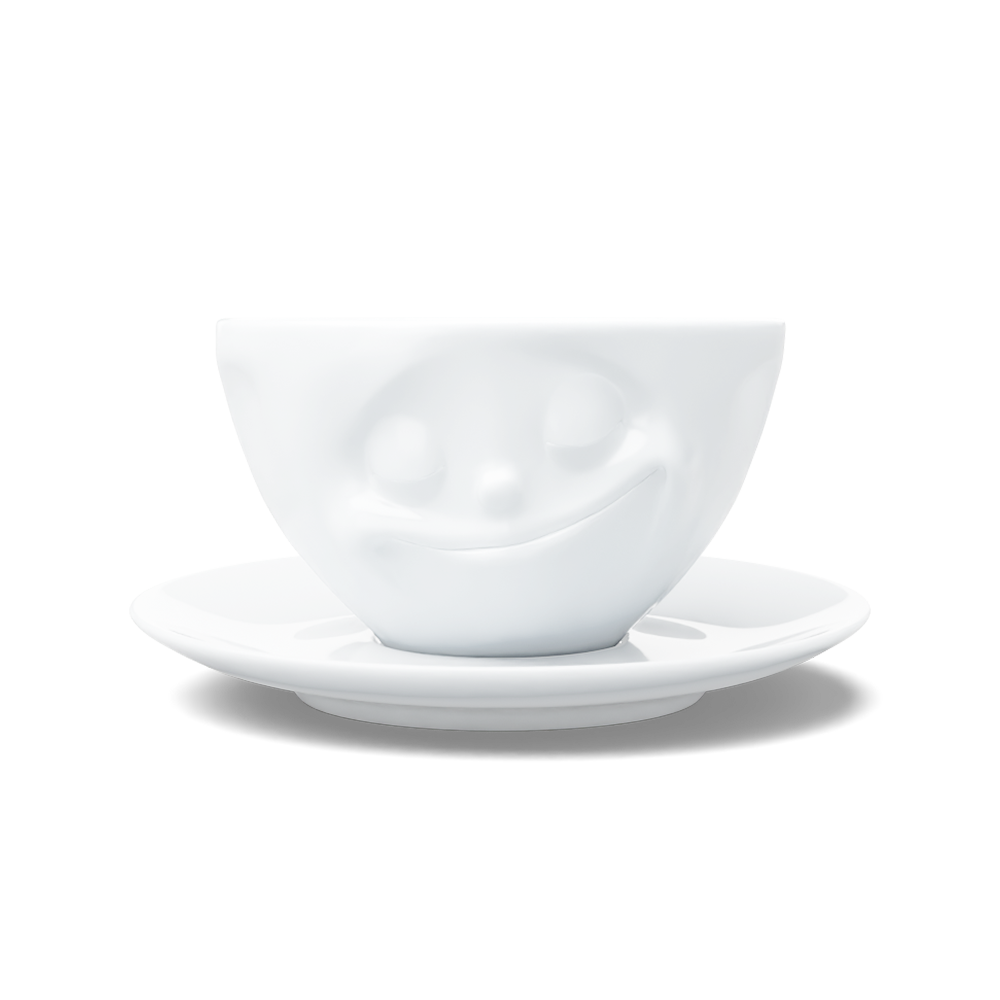 Premium porcelain coffee cup with saucer in white from the porcelain product family of fun dishware by FIFTYEIGHT Products. Offers 6.5 oz capacity and comes with a matching saucer. Dishwasher and microwave safe cup with a 'happy' facial expression. Shipped in exclusively designed gift box.