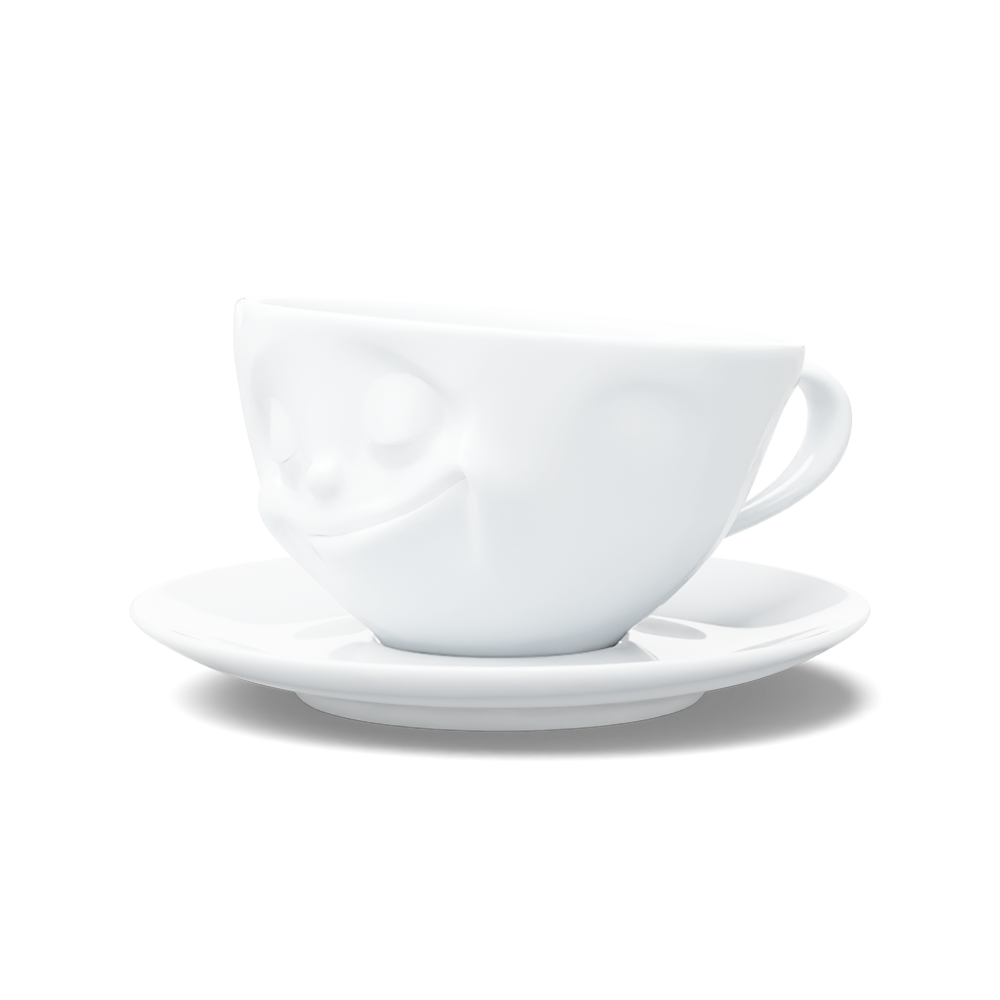 Premium porcelain coffee cup with saucer in white from the porcelain product family of fun dishware by FIFTYEIGHT Products. Offers 6.5 oz capacity and comes with a matching saucer. Dishwasher and microwave safe cup with a 'happy' facial expression. Shipped in exclusively designed gift box.