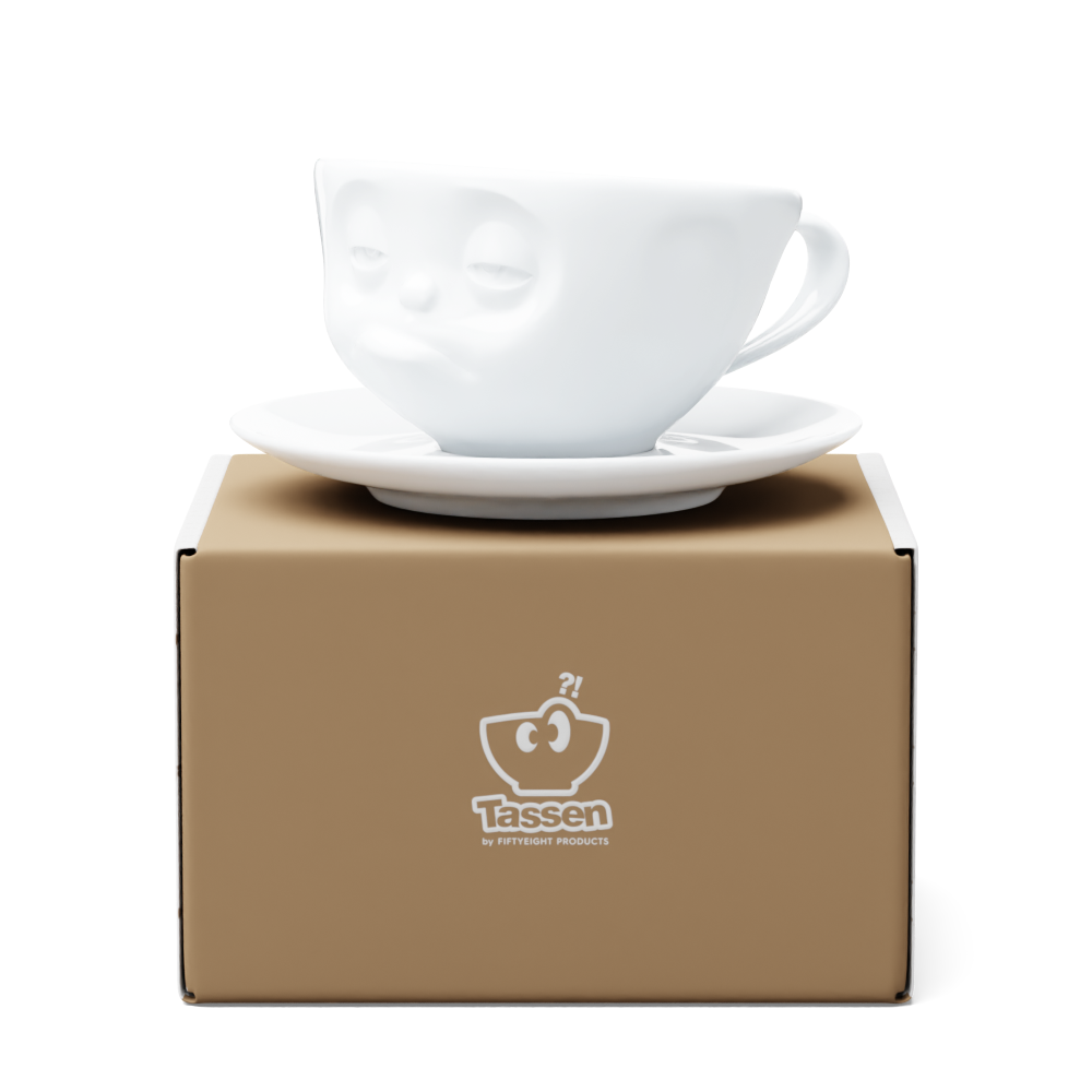 Premium porcelain coffee cup with saucer in white from the porcelain product family of fun dishware by FIFTYEIGHT Products. Offers 6.5 oz capacity and comes with a matching saucer. Dishwasher and microwave safe cup with a ''snoozy' facial expression. Shipped in exclusively designed gift box.