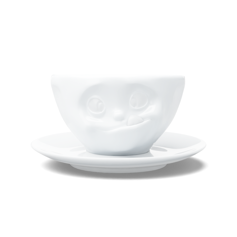 Premium porcelain coffee cup with saucer in white from the porcelain product family of fun dishware by FIFTYEIGHT Products. Offers 6.5 oz capacity and comes with a matching saucer. Dishwasher and microwave safe cup with a 'tasty' facial expression. Shipped in exclusively designed gift box.