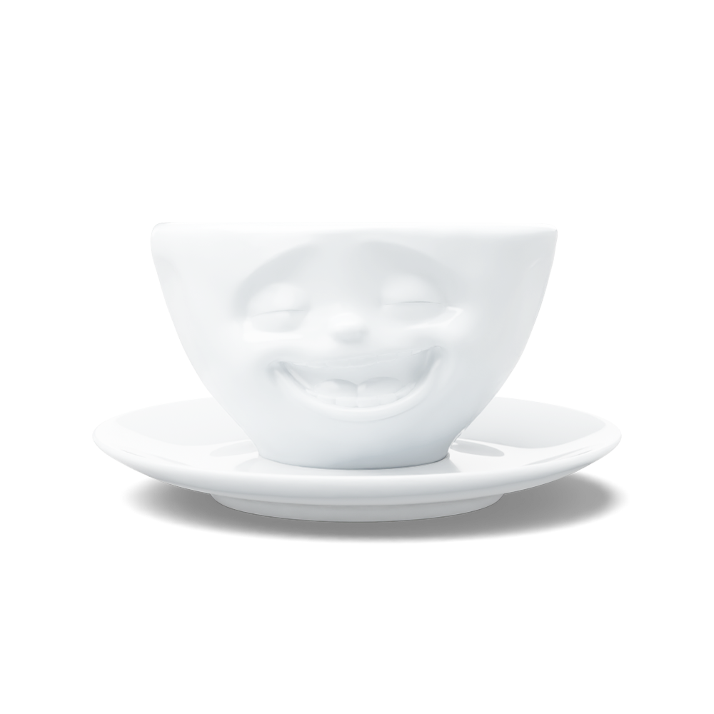 Premium porcelain coffee cup with saucer in white from the porcelain product family of fun dishware by FIFTYEIGHT Products. Offers 6.5 oz capacity and comes with a matching saucer. Dishwasher and microwave safe cup with a 'laughing' facial expression. Shipped in exclusively designed gift box.