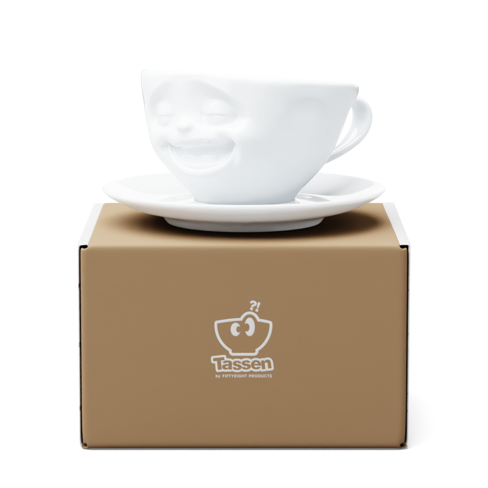 Premium porcelain coffee cup with saucer in white from the porcelain product family of fun dishware by FIFTYEIGHT Products. Offers 6.5 oz capacity and comes with a matching saucer. Dishwasher and microwave safe cup with a 'laughing' facial expression. Shipped in exclusively designed gift box.