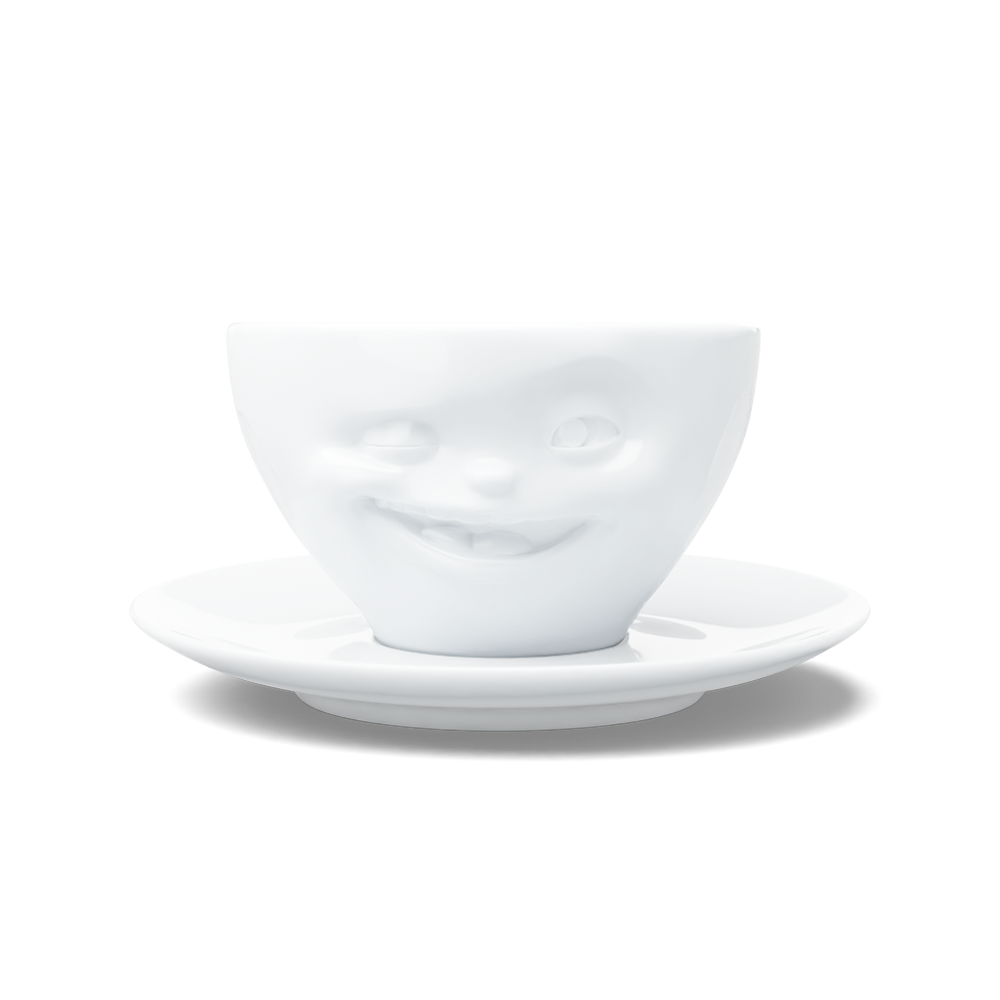 Premium porcelain coffee cup with saucer in white from the porcelain product family of fun dishware by FIFTYEIGHT Products. Offers 6.5 oz capacity and comes with a matching saucer. Dishwasher and microwave safe cup with a 'laughing' facial expression. Shipped in exclusively designed gift box.