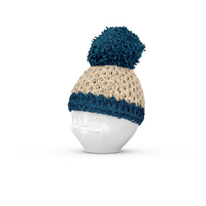 Egg Cup Hat in Ivory/Petrol. Our Egg Cup Hats are crocheted by hand from soft wool in Germany and available in different colors. Now in the U.S. for the first time!
