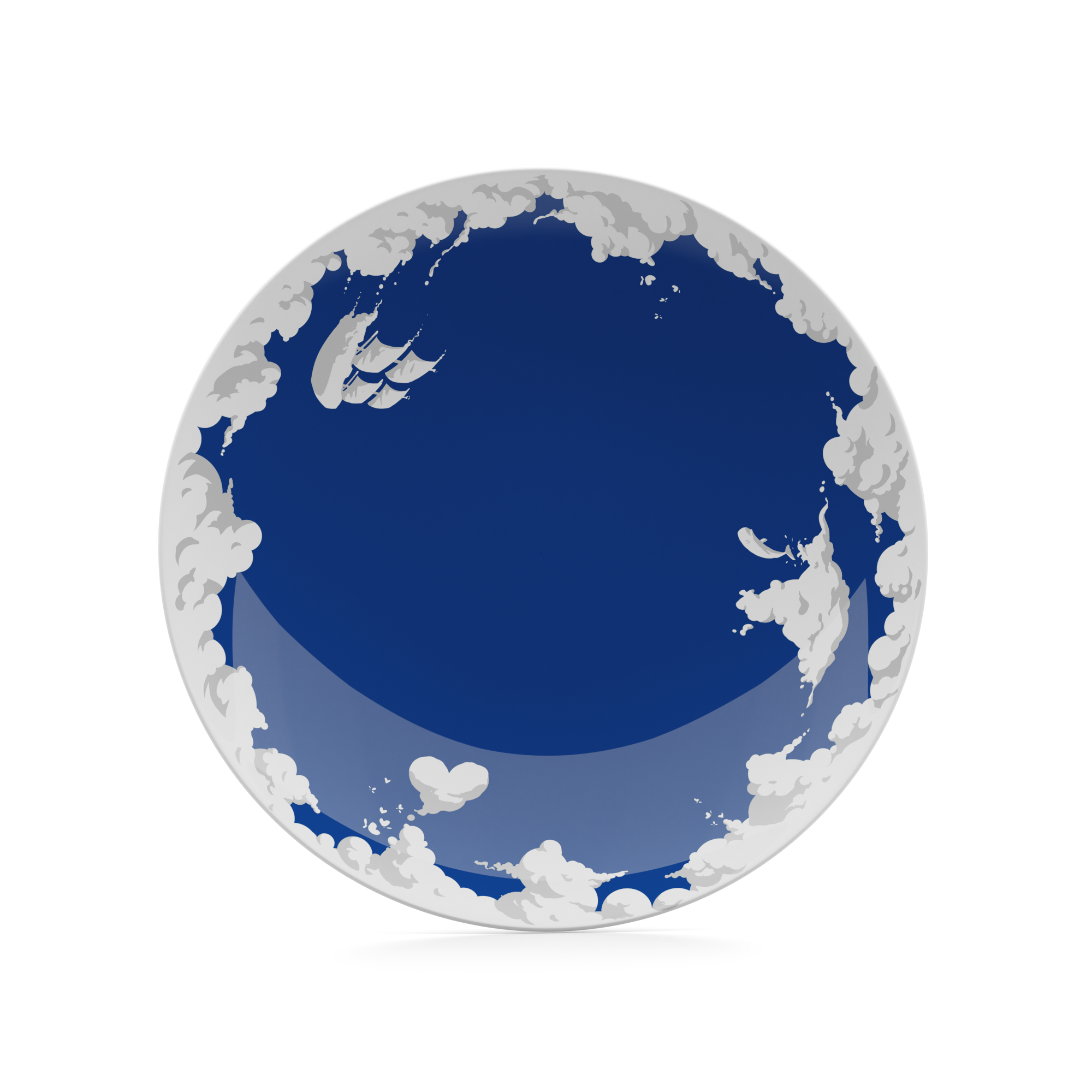 Porcelain dinner plate in featuring elaborate blue artwork with clouds and sailboats with 11 inch diameter. Premium porcelain in hotel quality, from the TASSEN product family of fun dishware by FIFTYEIGHT Products.