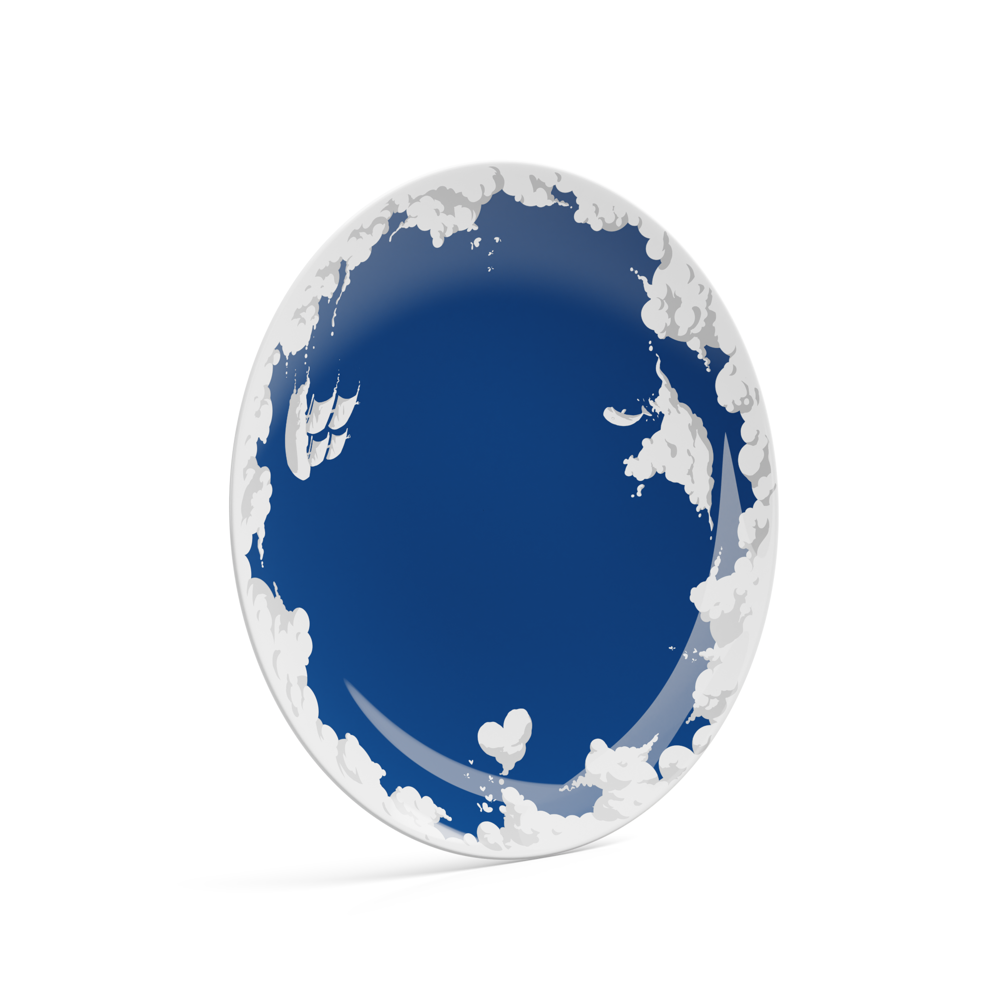 Porcelain dinner plate in featuring elaborate blue artwork with clouds and sailboats with 11 inch diameter. Premium porcelain in hotel quality, from the TASSEN product family of fun dishware by FIFTYEIGHT Products.