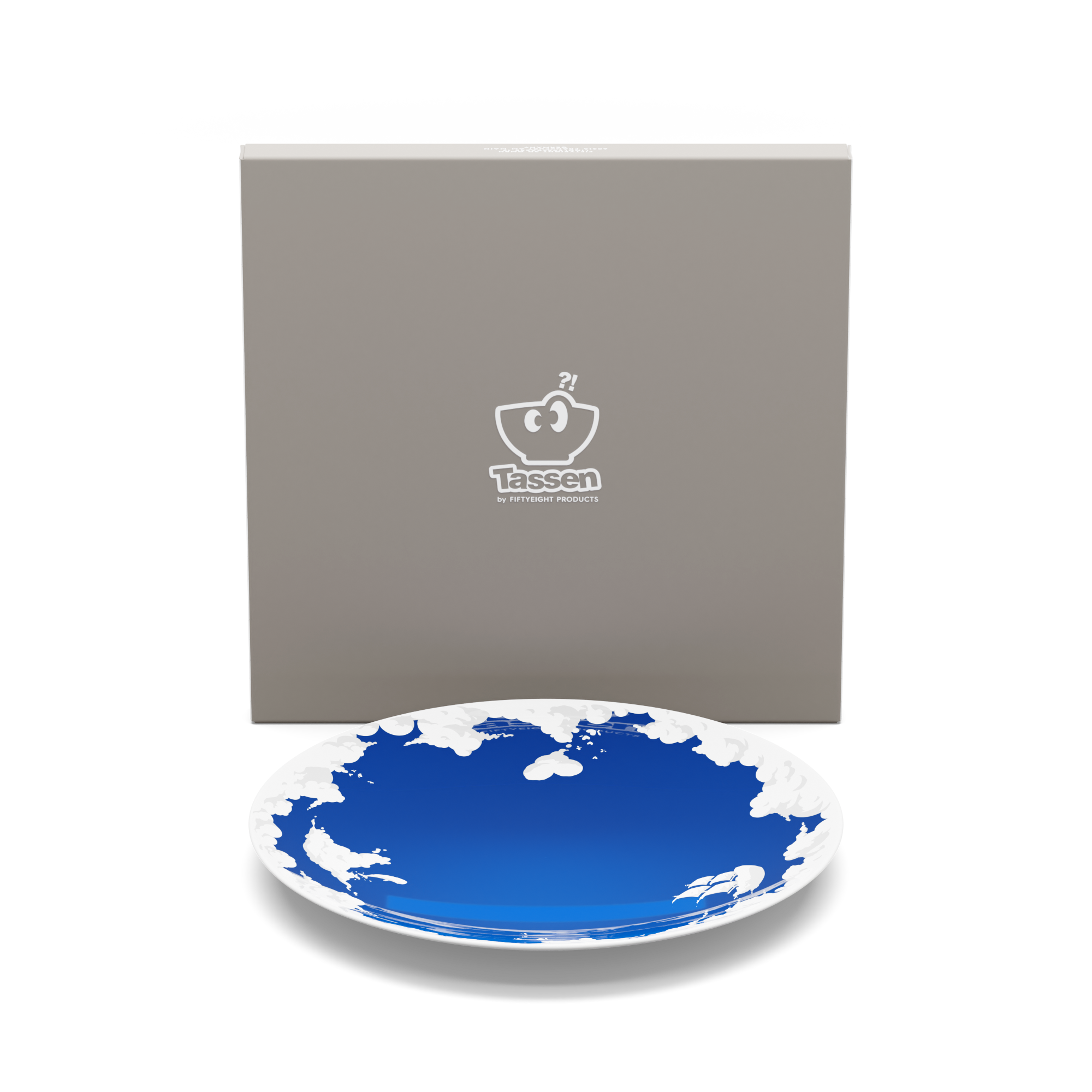 Porcelain dinner plate in featuring elaborate blue artwork with clouds and sailboats with 11 inch diameter. Premium porcelain in hotel quality, from the TASSEN product family of fun dishware by FIFTYEIGHT Products.