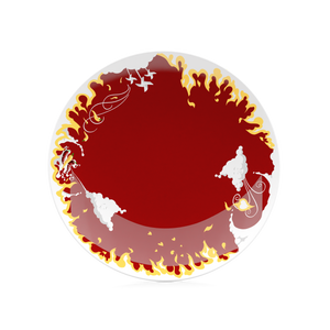 Porcelain dinner plate featuring elaborate red and yellow artwork with fire design with 11 inch diameter. Premium porcelain in hotel quality, from the TASSEN product family of fun dishware by FIFTYEIGHT Products.