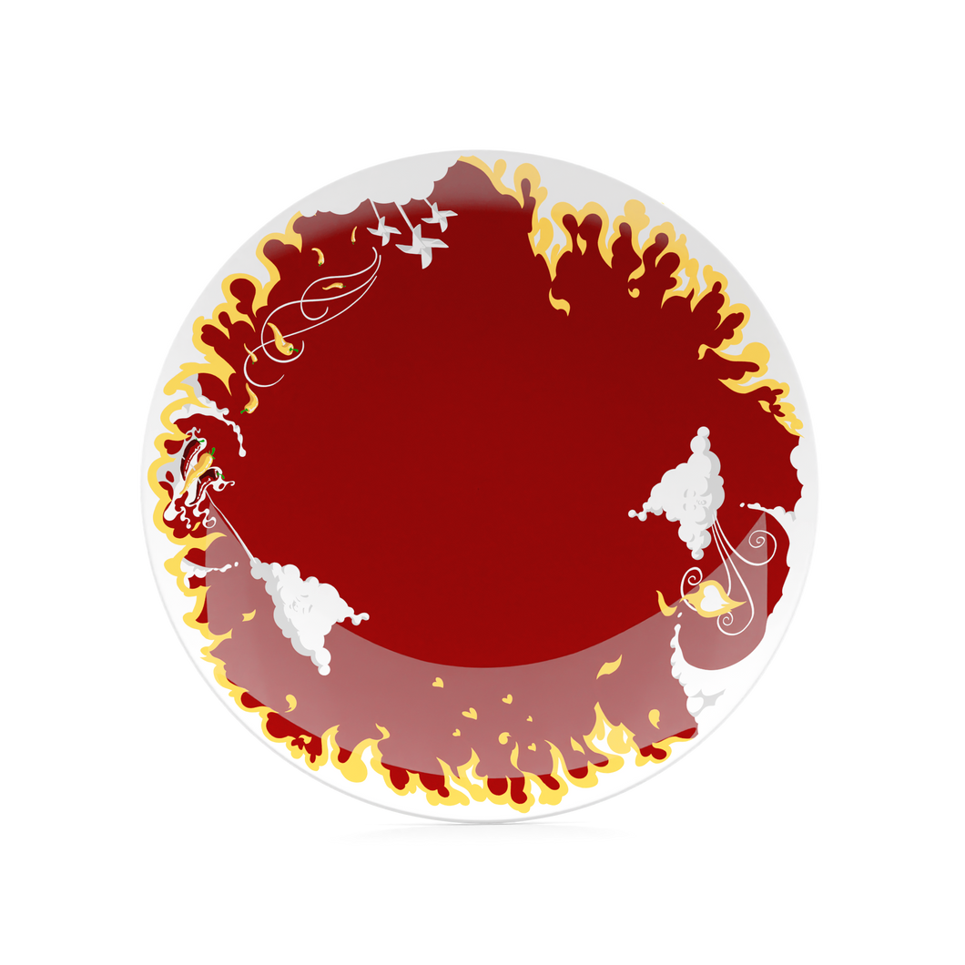 Porcelain dinner plate featuring elaborate red and yellow artwork with fire design with 11 inch diameter. Premium porcelain in hotel quality, from the TASSEN product family of fun dishware by FIFTYEIGHT Products.