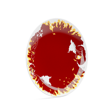 Load image into Gallery viewer, Porcelain dinner plate featuring elaborate red and yellow artwork with fire design with 11 inch diameter. Premium porcelain in hotel quality, from the TASSEN product family of fun dishware by FIFTYEIGHT Products.
