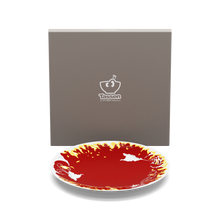 Load image into Gallery viewer, Porcelain dinner plate featuring elaborate red and yellow artwork with fire design with 11 inch diameter. Premium porcelain in hotel quality, from the TASSEN product family of fun dishware by FIFTYEIGHT Products.
