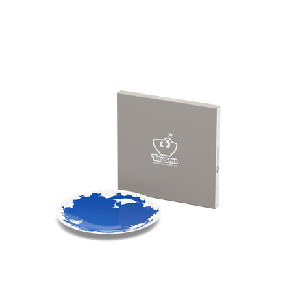 Porcelain dessert plate in featuring elaborate blue artwork with clouds and sailboats with 7.8 inch diameter. Premium porcelain in hotel quality, from the TASSEN product family of fun dishware by FIFTYEIGHT Products.