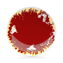 Load image into Gallery viewer, Porcelain dessert plate featuring elaborate red and yellow artwork with fire design with 7.8 inch diameter. Premium porcelain in hotel quality, from the TASSEN product family of fun dishware by FIFTYEIGHT Products.
