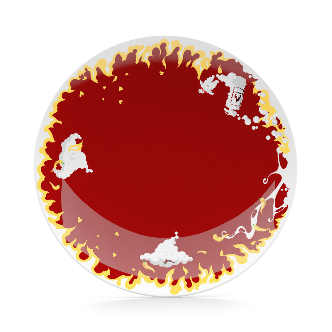 Porcelain dessert plate featuring elaborate red and yellow artwork with fire design with 7.8 inch diameter. Premium porcelain in hotel quality, from the TASSEN product family of fun dishware by FIFTYEIGHT Products.