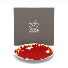 Load image into Gallery viewer, Porcelain dessert plate featuring elaborate red and yellow artwork with fire design with 7.8 inch diameter. Premium porcelain in hotel quality, from the TASSEN product family of fun dishware by FIFTYEIGHT Products.
