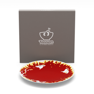 Porcelain dessert plate featuring elaborate red and yellow artwork with fire design with 7.8 inch diameter. Premium porcelain in hotel quality, from the TASSEN product family of fun dishware by FIFTYEIGHT Products.