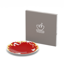 Load image into Gallery viewer, Porcelain dessert plate featuring elaborate red and yellow artwork with fire design with 7.8 inch diameter. Premium porcelain in hotel quality, from the TASSEN product family of fun dishware by FIFTYEIGHT Products.

