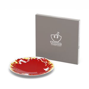 Porcelain dessert plate featuring elaborate red and yellow artwork with fire design with 7.8 inch diameter. Premium porcelain in hotel quality, from the TASSEN product family of fun dishware by FIFTYEIGHT Products.