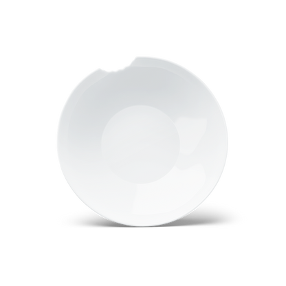 Set of two premium porcelain small deep plates in white with a 'bite mark' cutout at the edge. Dishwasher and microwave safes plate with a compact 7.1 inch diameter. From the porcelain product family of fun dishware by FIFTYEIGHT Products. Made in Germany according to environmental standards.