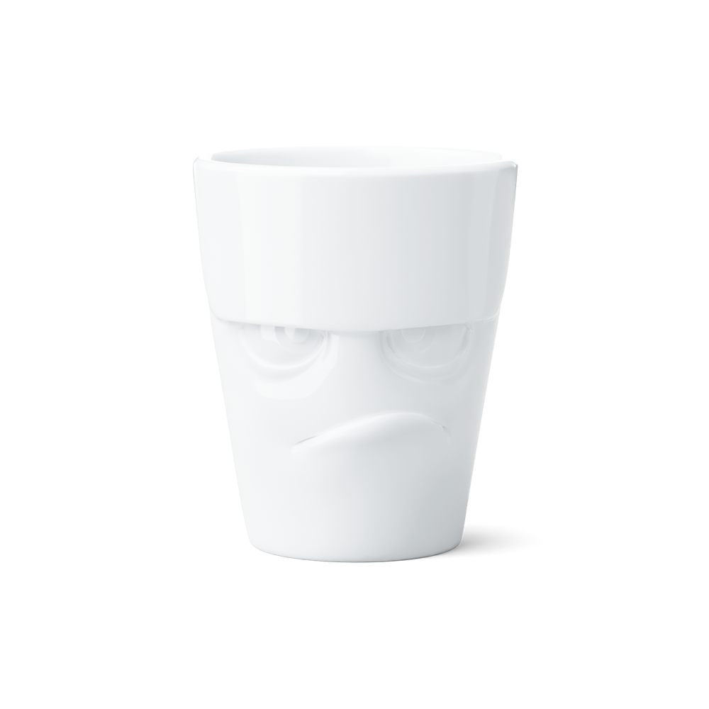 Premium porcelain coffee mug with handle from the porcelain product family of fun dishware by FIFTYEIGHT Products. Offers 11 oz capacity for serving coffee, tea, latte, matcha, soup and more. Dishwasher and microwave safe cup with a 'grumpy' facial expression. Shipped in exclusively designed gift box.