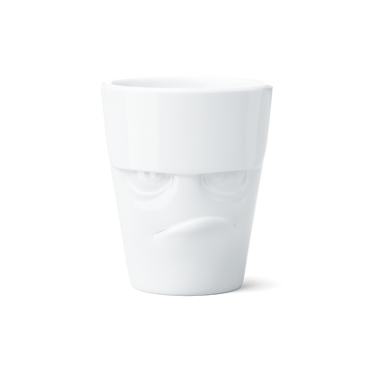 Premium porcelain coffee mug with handle from the porcelain product family of fun dishware by FIFTYEIGHT Products. Offers 11 oz capacity for serving coffee, tea, latte, matcha, soup and more. Dishwasher and microwave safe cup with a 'grumpy' facial expression. Shipped in exclusively designed gift box.