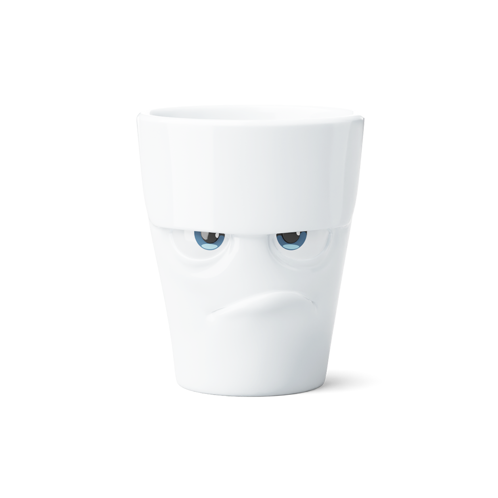 Premium porcelain coffee mug with handle from the popular porcelain family of fun dishware by FIFTYEIGHT Products. Special art edition with colorful accents applied by hand. Offers 11 oz capacity for serving coffee, tea, latte, matcha, soup and more. Dishwasher and microwave safe cup with a 'grumpy' facial expression. Shipped in exclusively designed gift box.