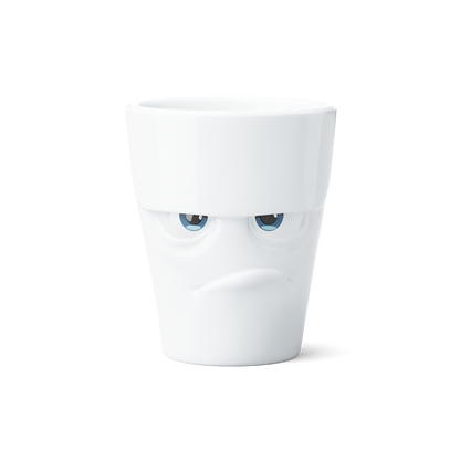 Premium porcelain coffee mug with handle from the popular porcelain family of fun dishware by FIFTYEIGHT Products. Special art edition with colorful accents applied by hand. Offers 11 oz capacity for serving coffee, tea, latte, matcha, soup and more. Dishwasher and microwave safe cup with a 'grumpy' facial expression. Shipped in exclusively designed gift box.