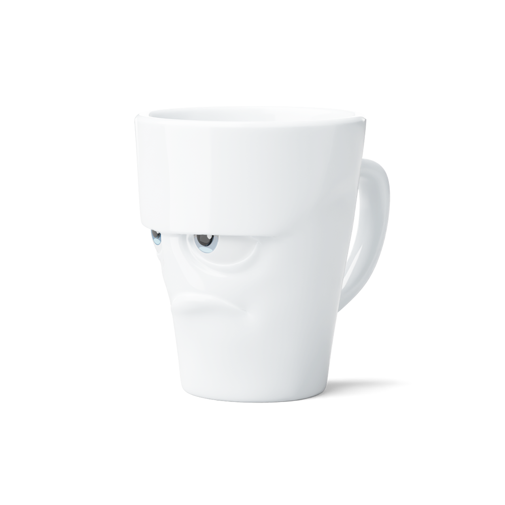 Premium porcelain coffee mug with handle from the popular porcelain family of fun dishware by FIFTYEIGHT Products. Special art edition with colorful accents applied by hand. Offers 11 oz capacity for serving coffee, tea, latte, matcha, soup and more. Dishwasher and microwave safe cup with a 'grumpy' facial expression. Shipped in exclusively designed gift box.