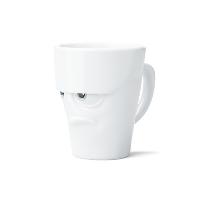 Premium porcelain coffee mug with handle from the popular porcelain family of fun dishware by FIFTYEIGHT Products. Special art edition with colorful accents applied by hand. Offers 11 oz capacity for serving coffee, tea, latte, matcha, soup and more. Dishwasher and microwave safe cup with a 'grumpy' facial expression. Shipped in exclusively designed gift box.