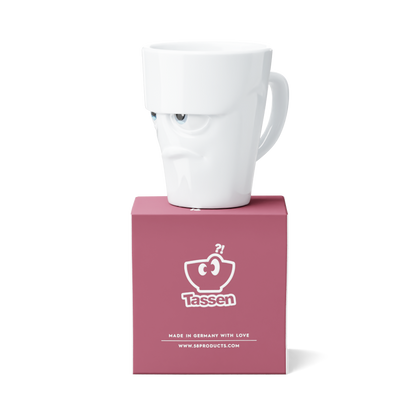 Premium porcelain coffee mug with handle from the popular porcelain family of fun dishware by FIFTYEIGHT Products. Special art edition with colorful accents applied by hand. Offers 11 oz capacity for serving coffee, tea, latte, matcha, soup and more. Dishwasher and microwave safe cup with a 'grumpy' facial expression. Shipped in exclusively designed gift box.
