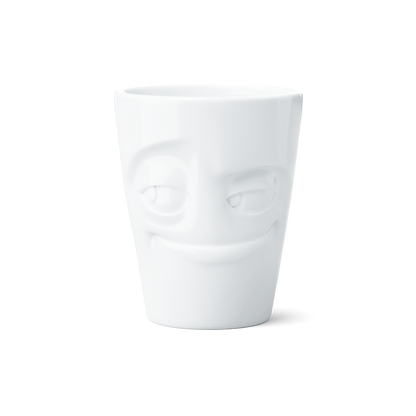 Premium porcelain coffee mug with handle from the porcelain product family of fun dishware by FIFTYEIGHT Products. Offers 11 oz capacity for serving coffee, tea, latte, matcha, soup and more. Dishwasher and microwave safe cup with a 'impish' facial expression. Shipped in exclusively designed gift box.
