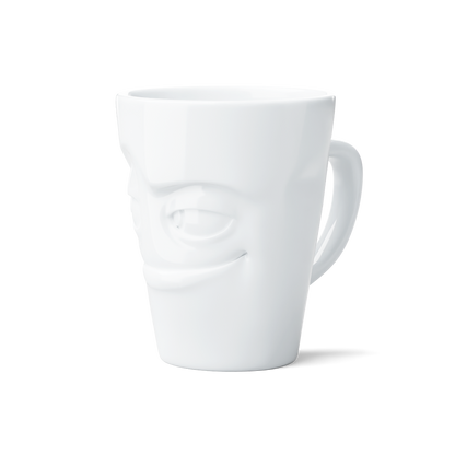 Premium porcelain coffee mug with handle from the porcelain product family of fun dishware by FIFTYEIGHT Products. Offers 11 oz capacity for serving coffee, tea, latte, matcha, soup and more. Dishwasher and microwave safe cup with a 'impish' facial expression. Shipped in exclusively designed gift box.