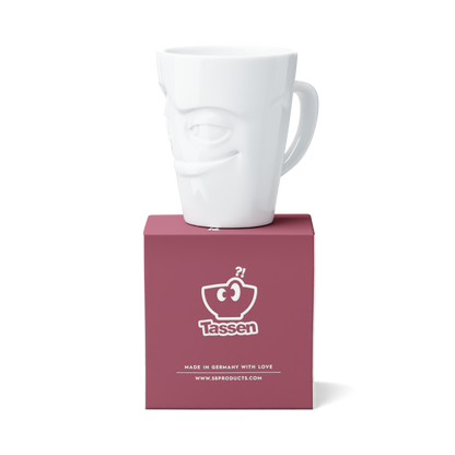 Premium porcelain coffee mug with handle from the porcelain product family of fun dishware by FIFTYEIGHT Products. Offers 11 oz capacity for serving coffee, tea, latte, matcha, soup and more. Dishwasher and microwave safe cup with a 'impish' facial expression. Shipped in exclusively designed gift box.