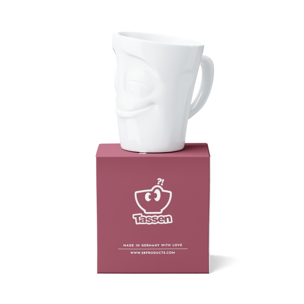 Premium porcelain coffee mug with handle from the porcelain product family of fun dishware by FIFTYEIGHT Products. Offers 11 oz capacity for serving coffee, tea, latte, matcha, soup and more. Dishwasher and microwave safe cup with a 'cheery' facial expression. Shipped in exclusively designed gift box.