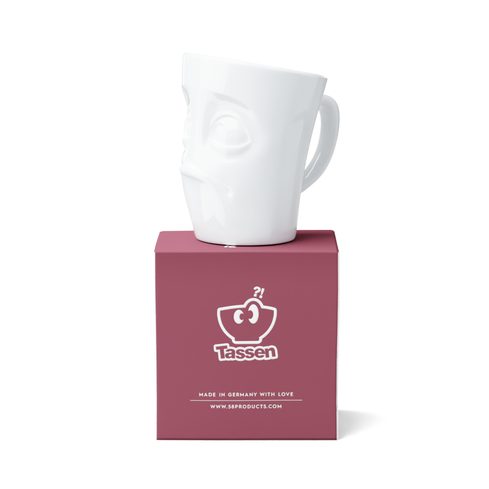 Premium porcelain coffee mug with handle from the porcelain product family of fun dishware by FIFTYEIGHT Products. Offers 11 oz capacity for serving coffee, tea, latte, matcha, soup and more. Dishwasher and microwave safe cup with a 'baffled' facial expression. Shipped in exclusively designed gift box.
