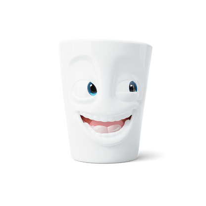 Premium porcelain coffee mug with handle from the popular porcelain family of fun dishware by FIFTYEIGHT Products. Special art edition with colorful accents applied by hand. Offers 11 oz capacity for serving coffee, tea, latte, matcha, soup and more. Dishwasher and microwave safe cup with a 'joking' facial expression. Shipped in exclusively designed gift box.
