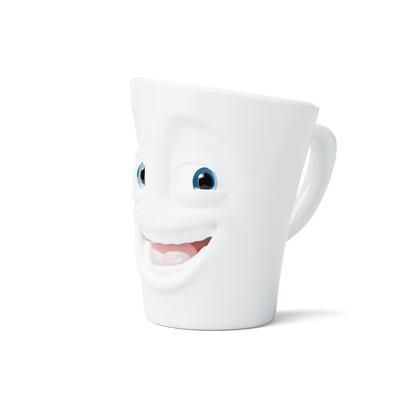 Premium porcelain coffee mug with handle from the popular porcelain family of fun dishware by FIFTYEIGHT Products. Special art edition with colorful accents applied by hand. Offers 11 oz capacity for serving coffee, tea, latte, matcha, soup and more. Dishwasher and microwave safe cup with a 'joking' facial expression. Shipped in exclusively designed gift box.