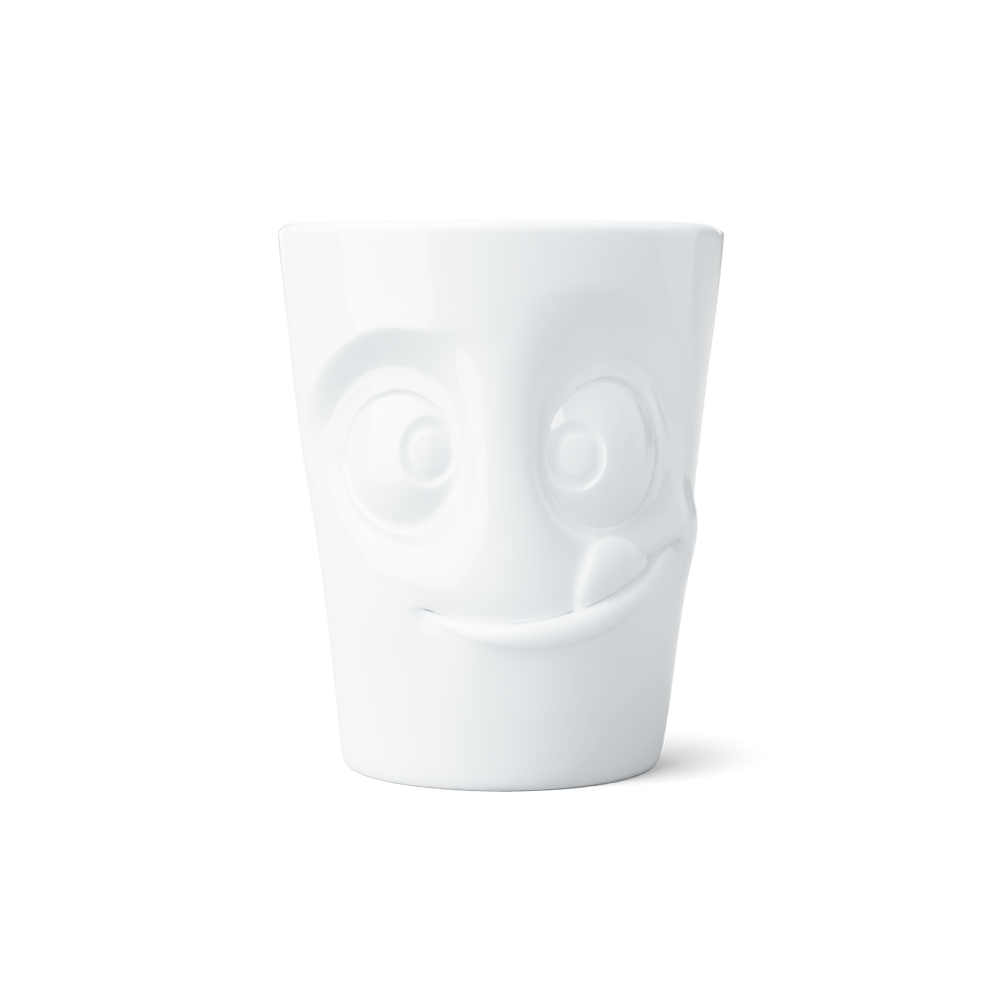 Premium porcelain coffee mug with handle from the porcelain product family of fun dishware by FIFTYEIGHT Products. Offers 11 oz capacity for serving coffee, tea, latte, matcha, soup and more. Dishwasher and microwave safe cup with a 'tasty' facial expression. Shipped in exclusively designed gift box.