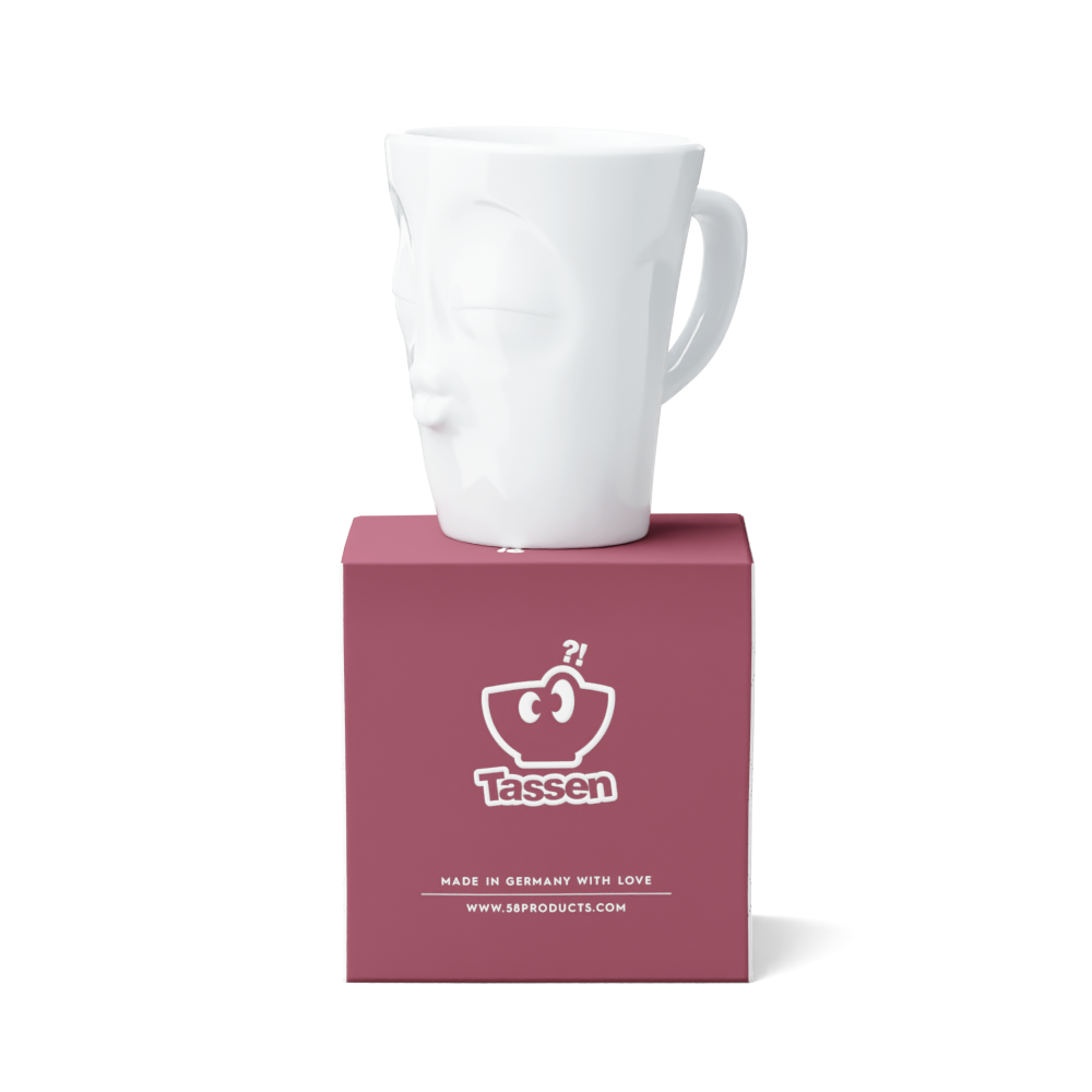 Premium porcelain coffee mug with handle from the popular porcelain family of fun dishware by FIFTYEIGHT Products. Special art edition with colorful accents applied by hand. Offers 11 oz capacity for serving coffee, tea, latte, matcha, soup and more. Dishwasher and microwave safe cup with a 'kissing' facial expression. Shipped in exclusively designed gift box.