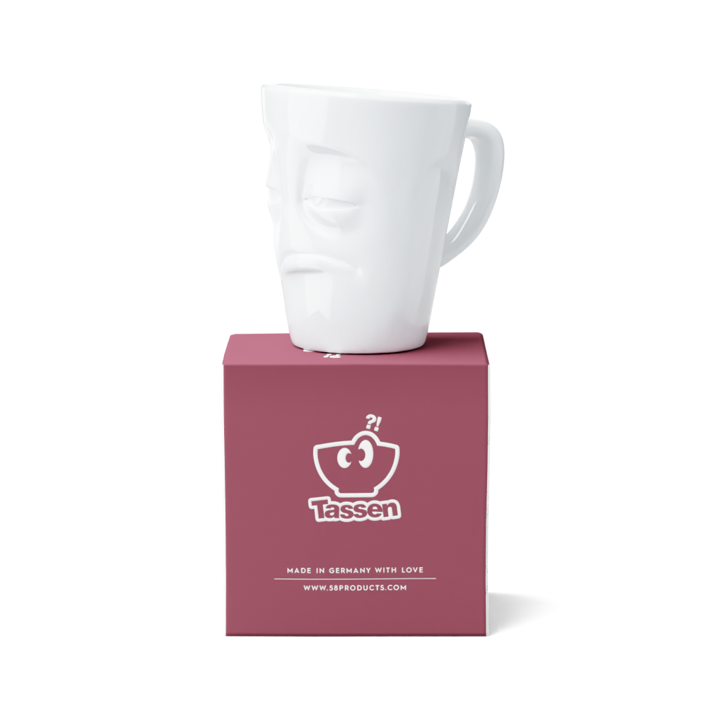 Premium porcelain coffee mug with handle from the popular product family of fun dishware by FIFTYEIGHT Products. Offers 11 oz capacity for serving coffee, tea, latte, matcha, soup and more. Dishwasher and microwave safe cup with a 'snoozy' facial expression. Shipped in exclusively designed gift box.